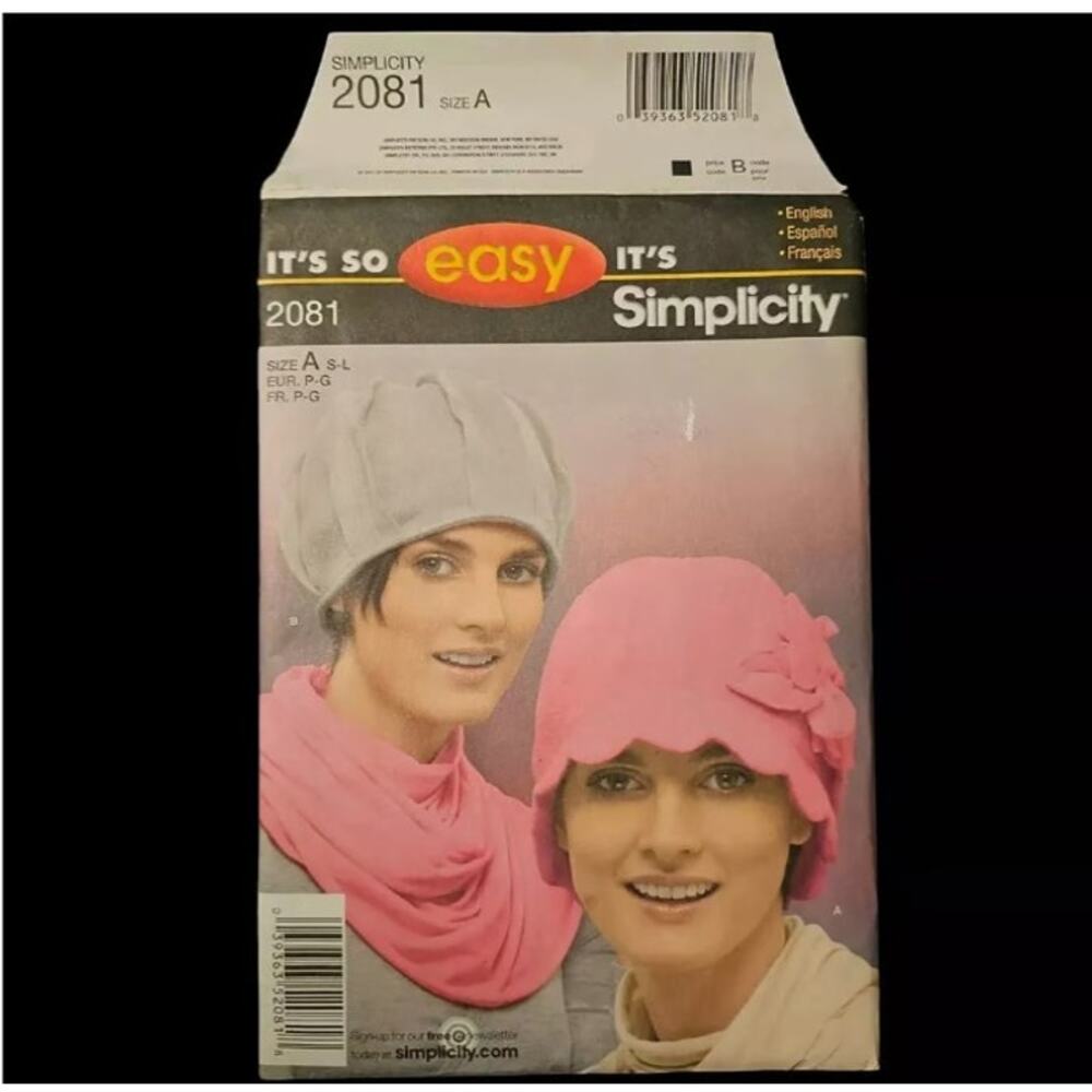 Sewing Pattern Uncut FF FLEECE HATS BEGINNER Size A S-L Simplicity 2081 So Easy